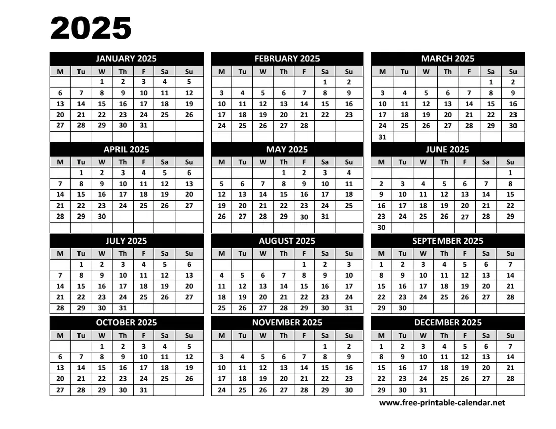 2025 Calendar (monday starting week)