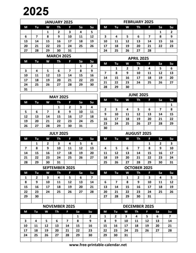 calendar 2025 (monday starting week)