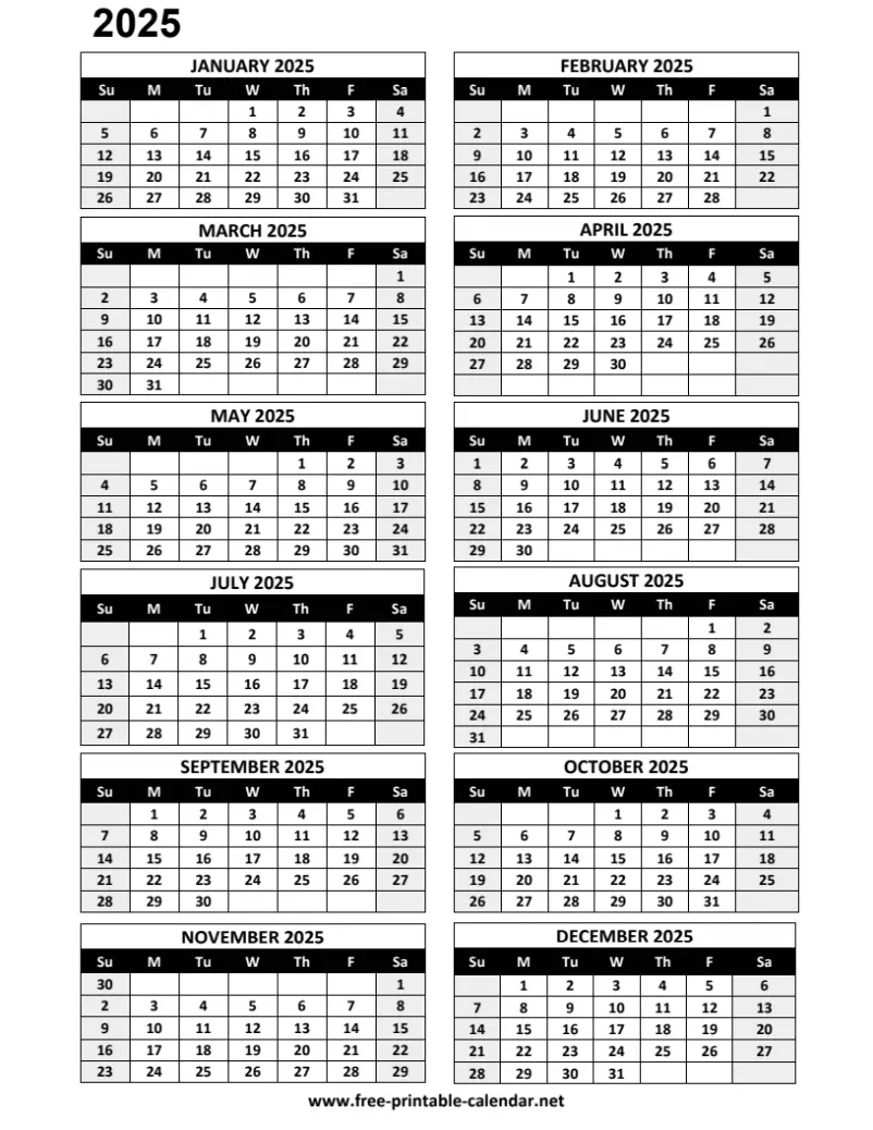 calendar 2025 printable in PDF Format